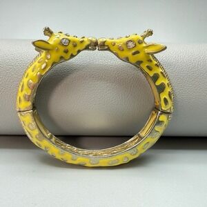 Vintage Yellow Enamel Giraffe Stretch Bracelet Kissing Gold Toned Rhinestones